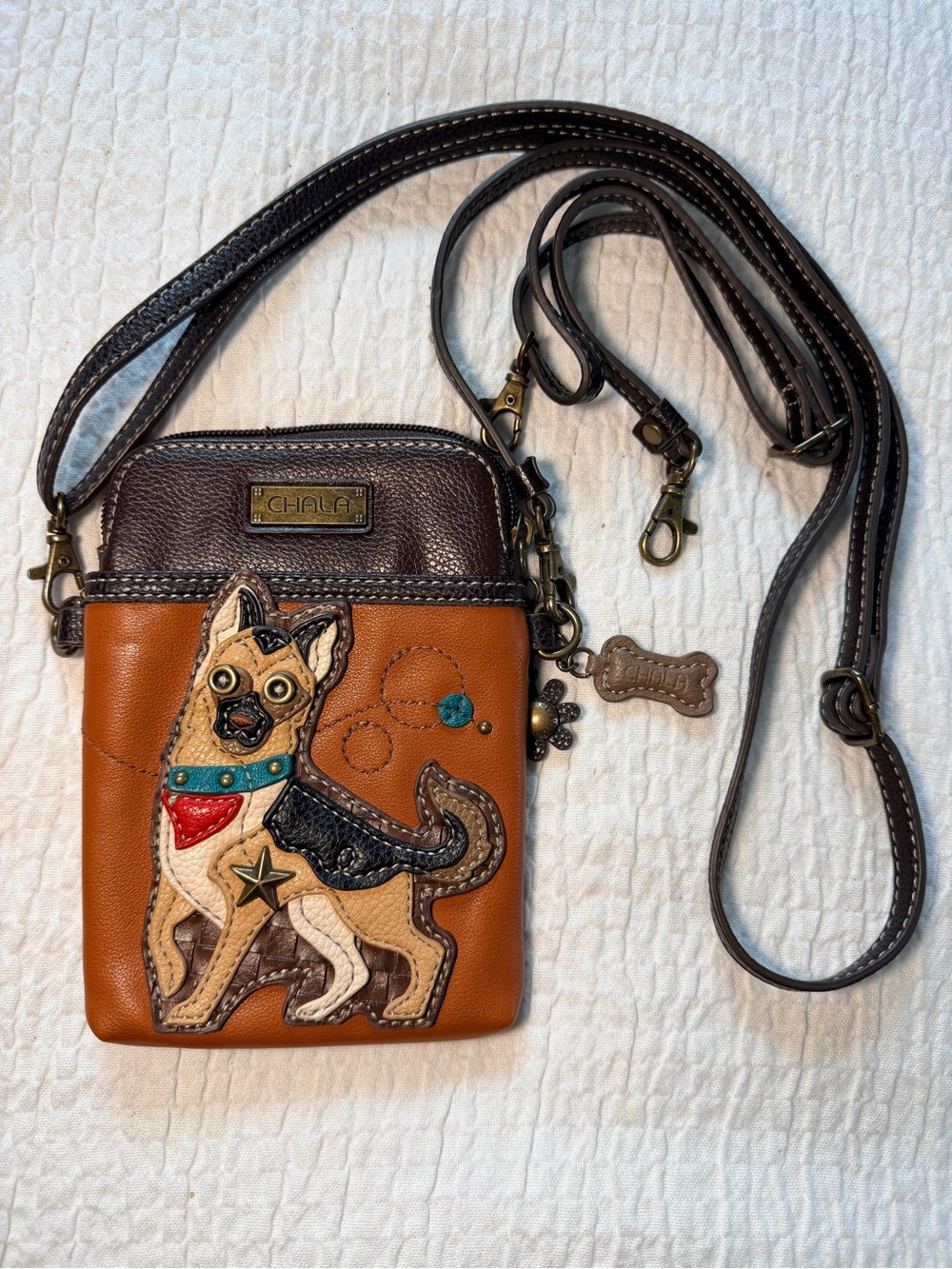 Chala Brown & Tan Leather Crossbody with Colorful German Shepherds Appliqué - Picture 2 of 5